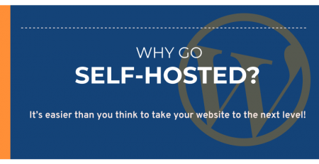 Banner with blue backgound and Wordpress icon text asking why go self-hosted?