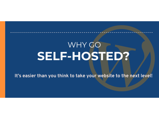 Banner with blue backgound and Wordpress icon text asking why go self-hosted?
