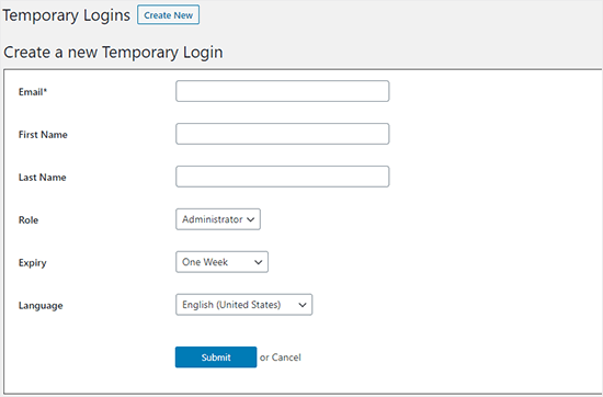 the form to create a temporary wordpress login